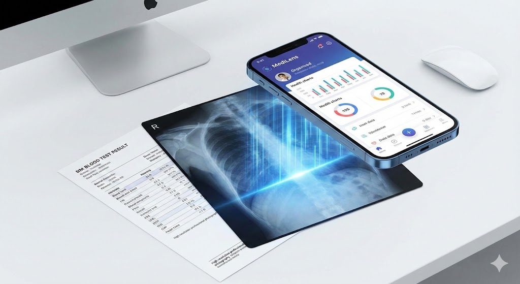 医镜 MediLens 应用界面展示，AI 扫描化验单和X光片